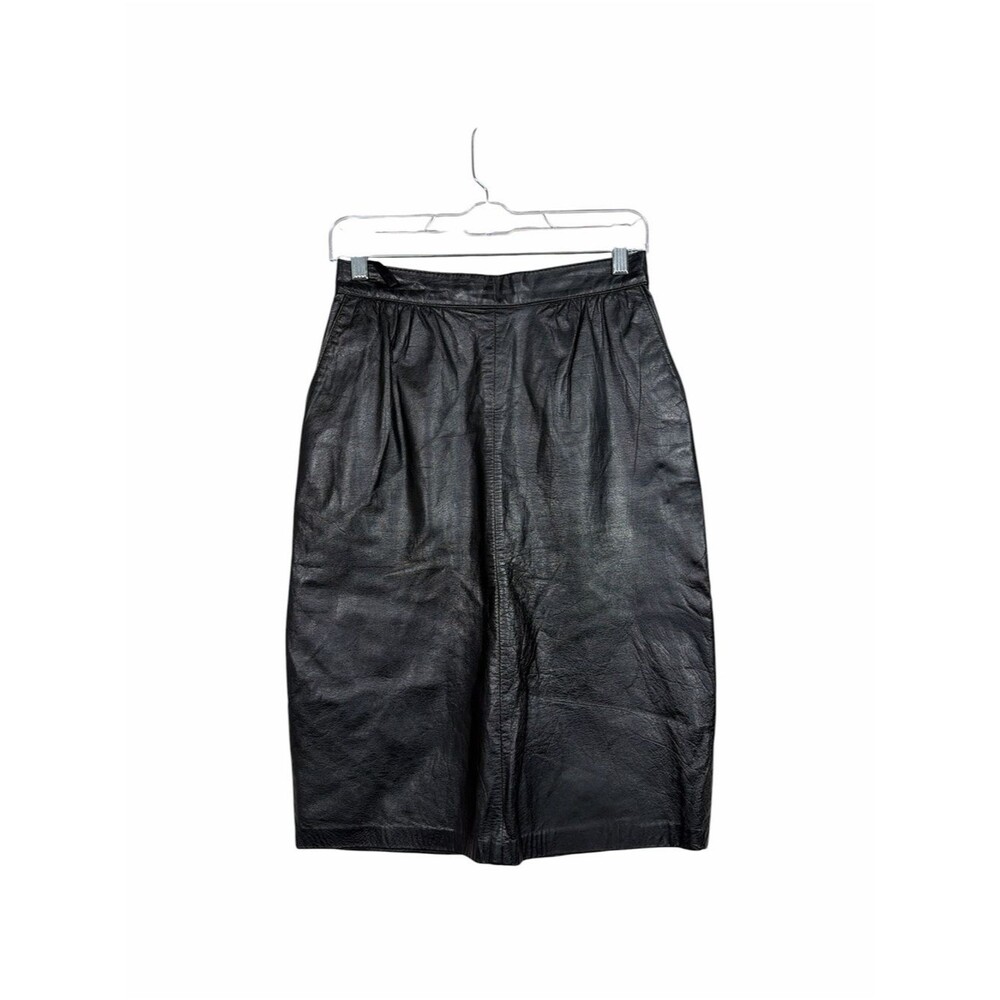Vintage Avanti Black Genuine Leather Midi Skirt Size 10 Korea Side Pockets Back